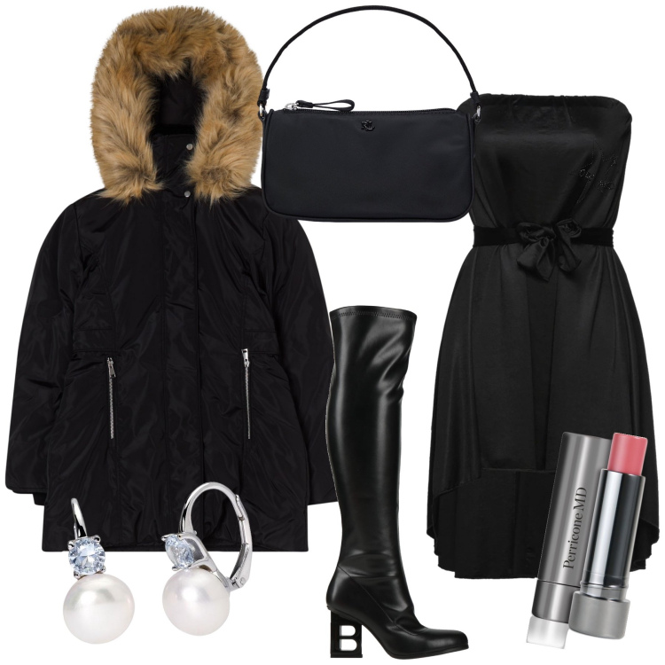 Outfit donna - Serata d inverno. Stile Glamour per Serata fuori. Abbinamento con vestiti corti, stivali, blush, parka, orecchini, pochette.