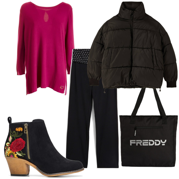 Outfit donna - Compere. Stile Basic per Tutti i giorni. Abbinamento con stivaletti, pantaloni, piumini, maglieria, shopping bag.