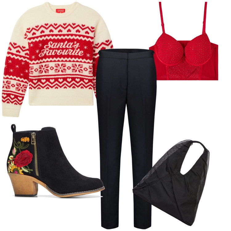 Outfit donna - L intimo rosso per le feste. Stile Trendy per Tutti i giorni. Abbinamento con stivaletti, reggiseni push-up, maglieria, pantaloni, shopping bag.