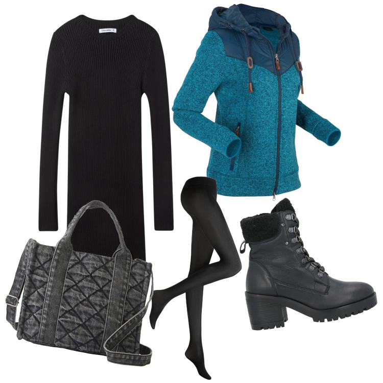 Outfit donna - Di corsa al supermercato. Stile Basic per Tutti i giorni. Abbinamento con collant, borse a mano, blazer, stivaletti, vestiti lunghi.