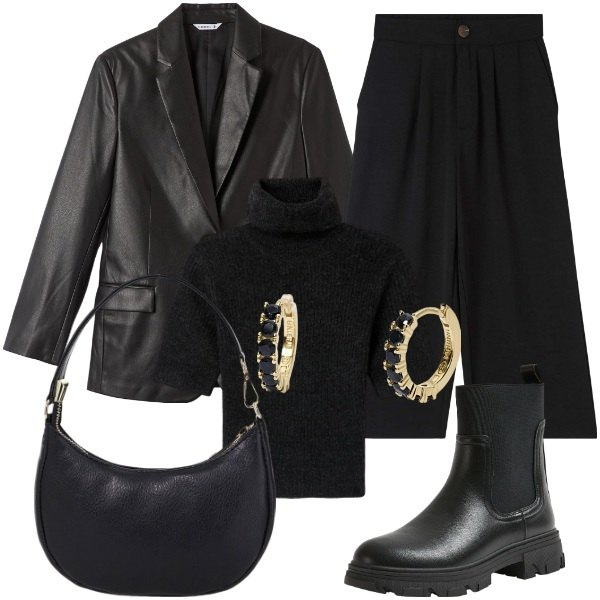 Outfit donna - Total look #2016189. Stile Casual chic per Tutti i giorni. Abbinamento con pantaloni a palazzo, blazer, stivaletti chelsea, maglieria, orecchini, borse a spalla.