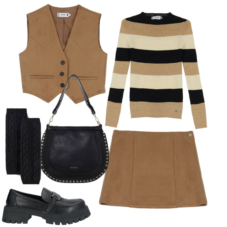 Outfit donna - City. Stile Urban per Tutti i giorni. Abbinamento con calzini, mocassini, pullovers, minigonne, gilet, borse a spalla.