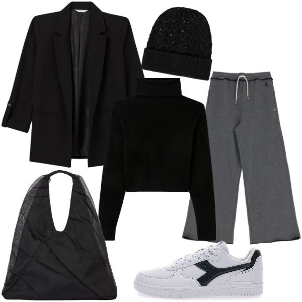 Outfit donna - Total look #2016195. Stile Casual chic per Cerimonia. Abbinamento con blazer, maglieria, pantaloni a palazzo, sneakers, shopping bag, cappelli.