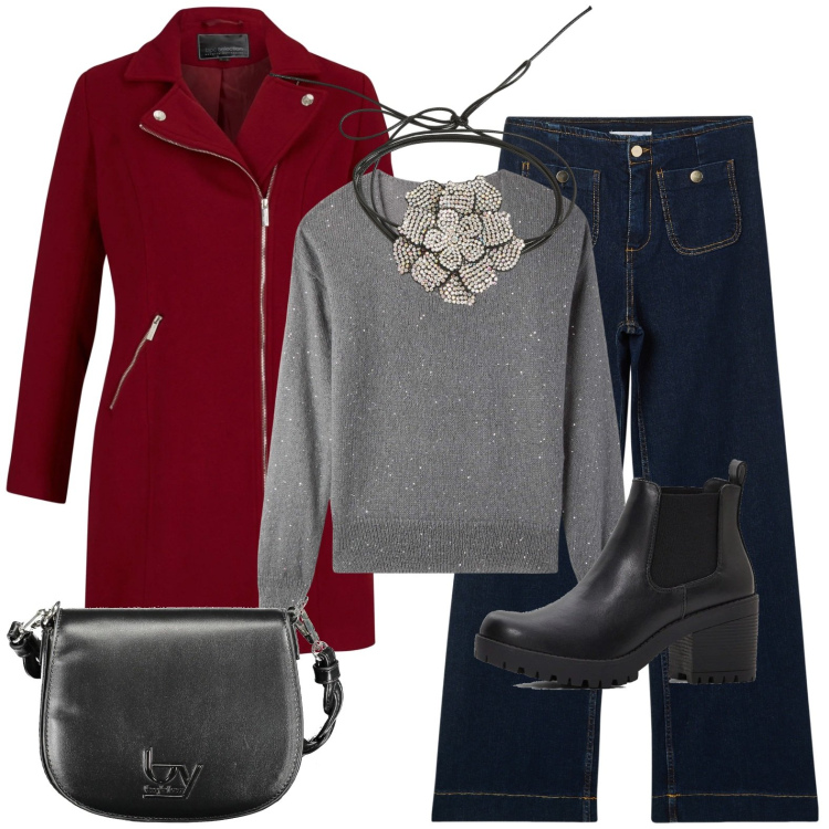 Outfit donna - Total look #2016201. Stile Casual per Tutti i giorni. Abbinamento con stivaletti chelsea, cappotti, collane, maglieria, jeans, borse a spalla.