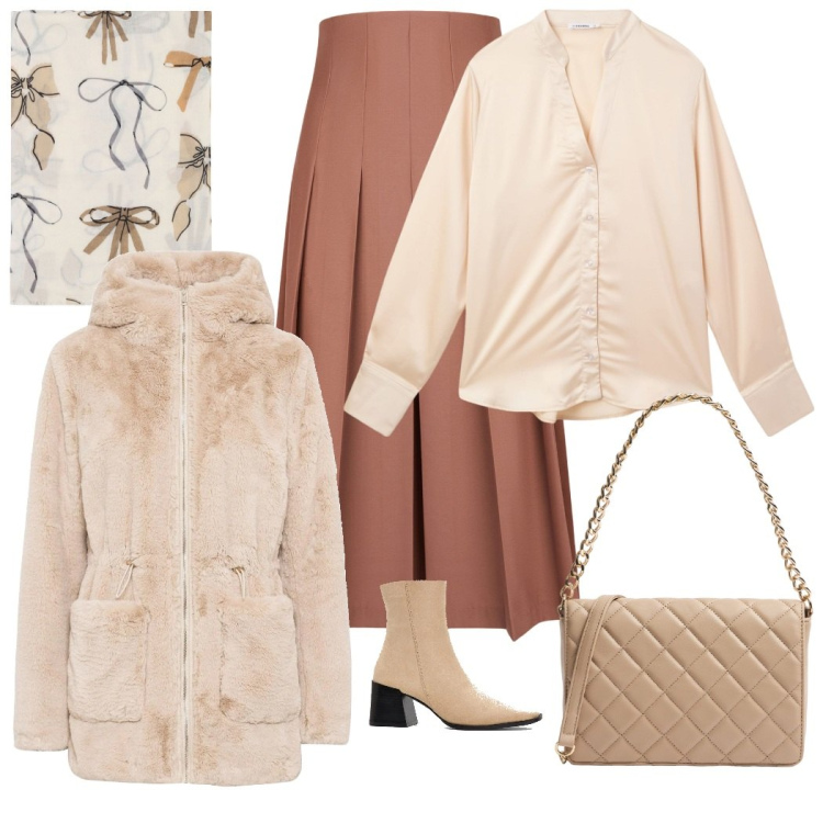 Outfit donna - Neutro con i fiocchi. Stile Bon Ton per Tutti i giorni. Abbinamento con ecopellicce, stivaletti, borse a tracolla, camicie, sciarpe, gonne longuette.