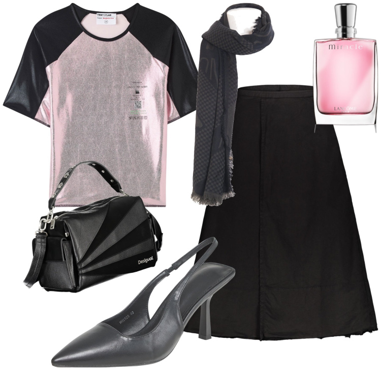 Outfit donna - Party aziendale in sconto. Stile Glamour per Serata fuori. Abbinamento con profumi, t-shirt, décolleté, foulard, gonne lunghe, borse a spalla.