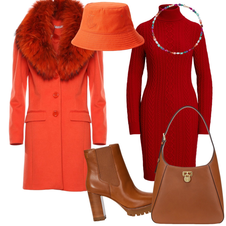 Outfit donna - Al ristorante domenica di neve. Stile Trendy per Tutti i giorni. Abbinamento con collane, cappotti, borse a spalla, stivaletti chelsea, vestiti, cappelli.