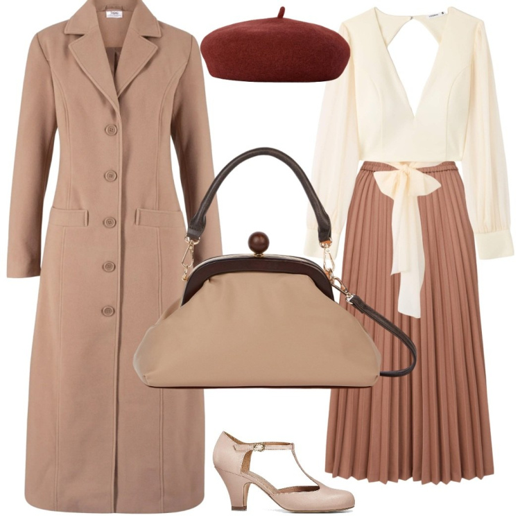 Outfit donna - Parigina. Stile Chic per Serata fuori. Abbinamento con cappotti, décolleté, bluse, cappelli e berretti, minigonne, clutch.