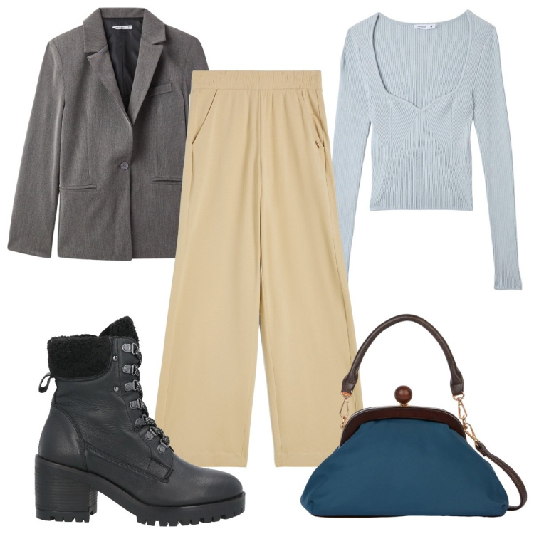 Outfit donna - Total look #2016240. Stile Trendy per Tutti i giorni. Abbinamento con stivaletti, blazer, maglieria, pantaloni a palazzo, clutch.