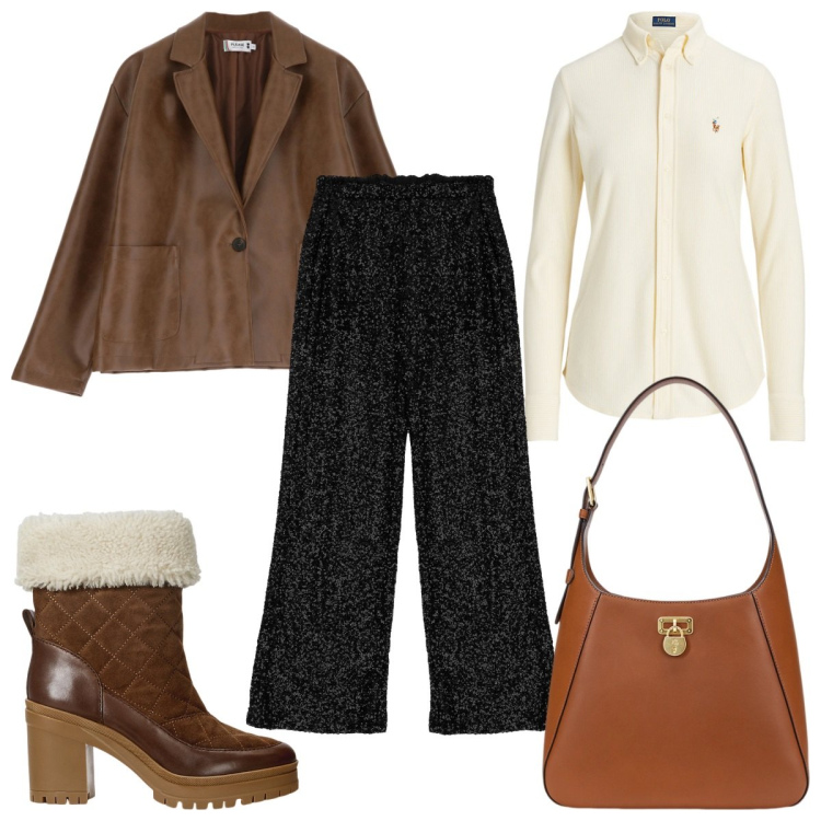Outfit donna - Total look #2016243. Stile Trendy per Tutti i giorni. Abbinamento con blazer, pantaloni a palazzo, borse a spalla, camicie, stivaletti.
