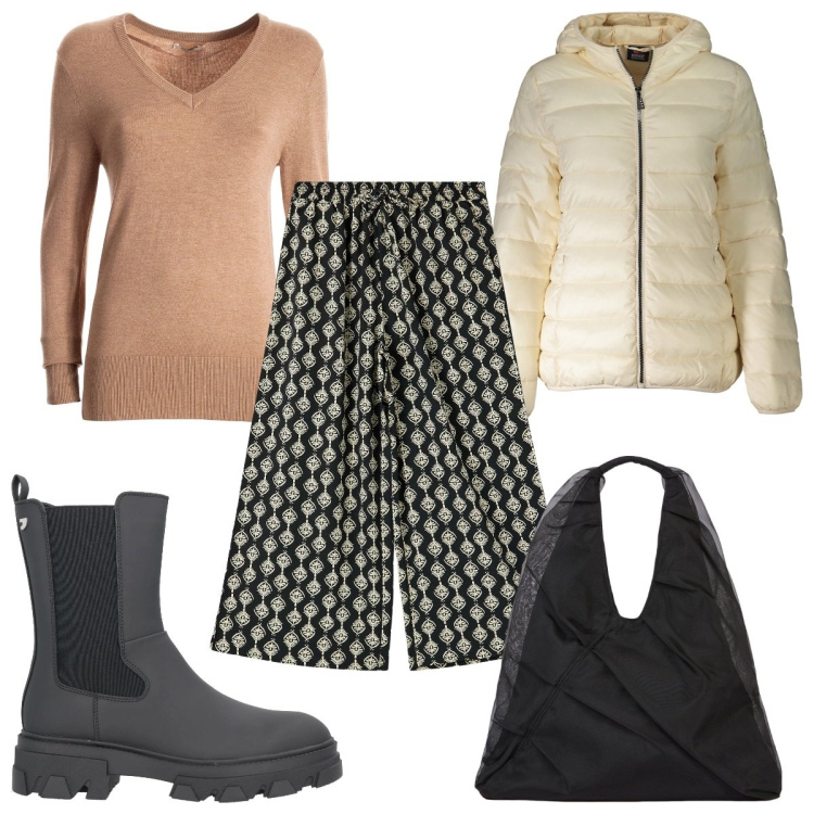 Outfit donna - Total look #2016244. Stile Trendy per Tutti i giorni. Abbinamento con stivaletti, pantaloni a palazzo, maglieria, blazer, shopping bag.