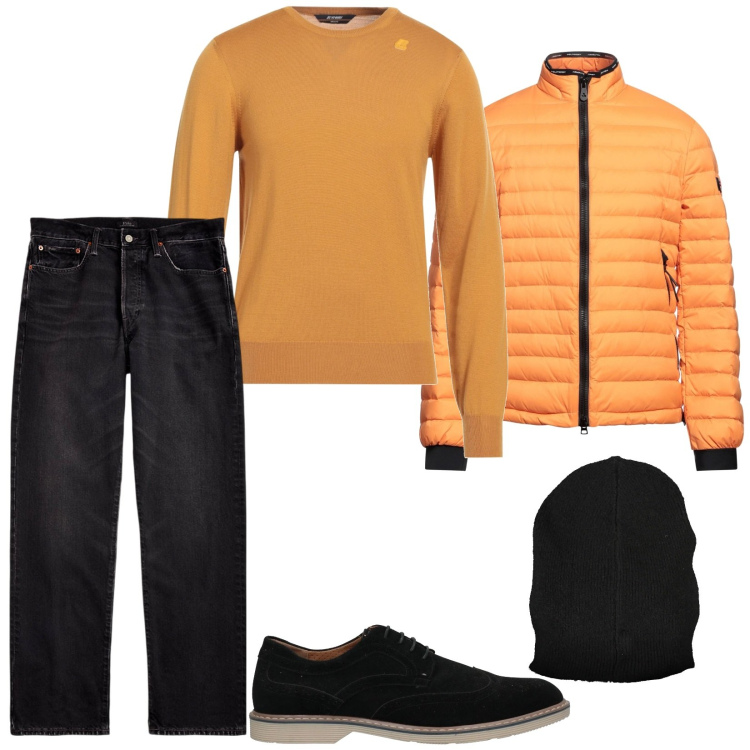 Outfit uomo - Un po\' di colore. Stile Casual per Tutti i giorni. Abbinamento con piumini, pullovers, scarpe stringate, jeans dritti, sciarpe.