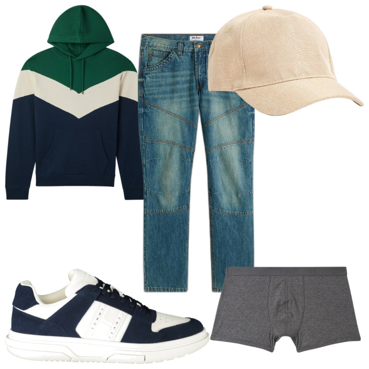 Outfit uomo - Total look #2016256. Stile Trendy per Tutti i giorni. Abbinamento con jeans dritti, felpe con cappuccio, cappelli, boxer, sneakers.