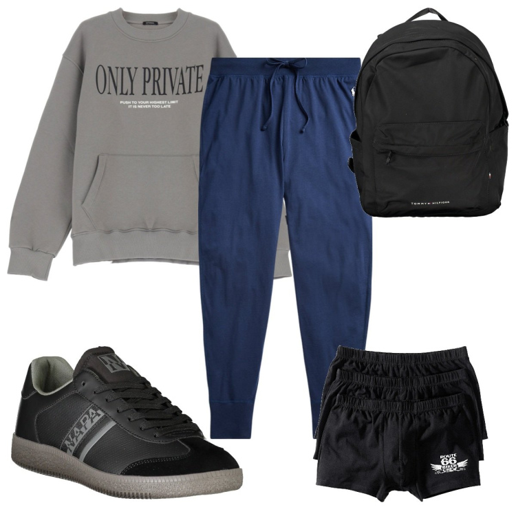 Outfit uomo - Total look #2016259. Stile Trendy per Sport. Abbinamento con boxer, felpe, pantaloni, borse sportive, sneakers.