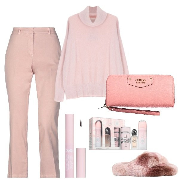 Outfit donna - Idee regalo pink. Stile Basic per Tutti i giorni. Abbinamento con pantaloni, fondotinta, profumi, maglieria, portafogli, ciabatte.