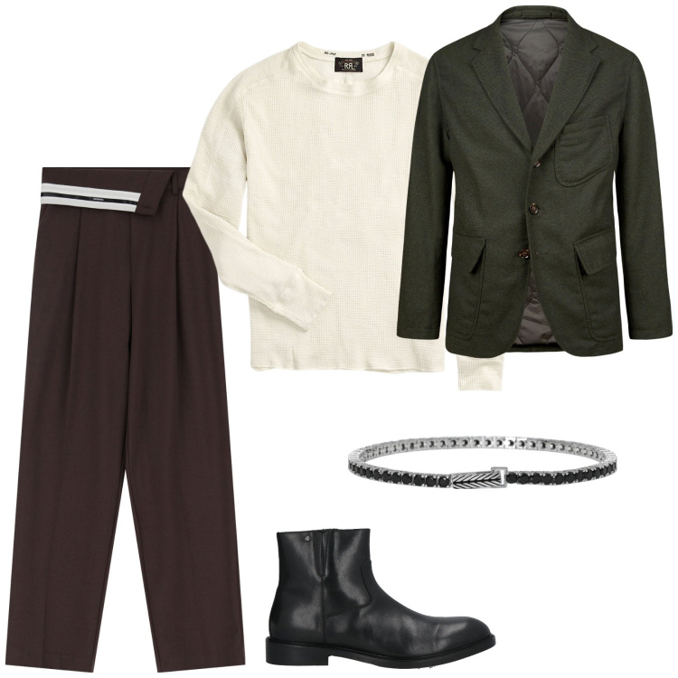 Outfit uomo - Stile moderno. Stile Trendy per Tutti i giorni. Abbinamento con stivali e stivaletti, braccialetti, pantaloni a palazzo, maglieria, giacche.