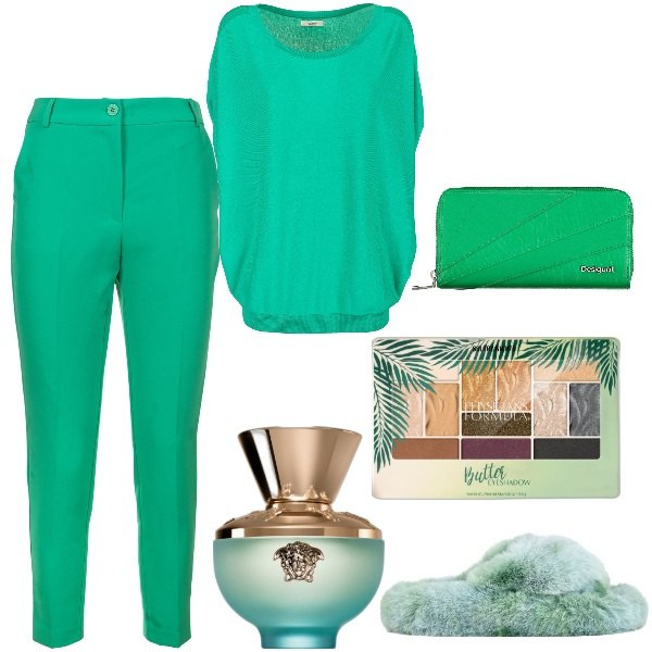 Outfit donna - Idee regalo green. Stile Basic per Tutti i giorni. Abbinamento con profumi, ombretti, maglieria, pantaloni, ciabatte, portafogli.