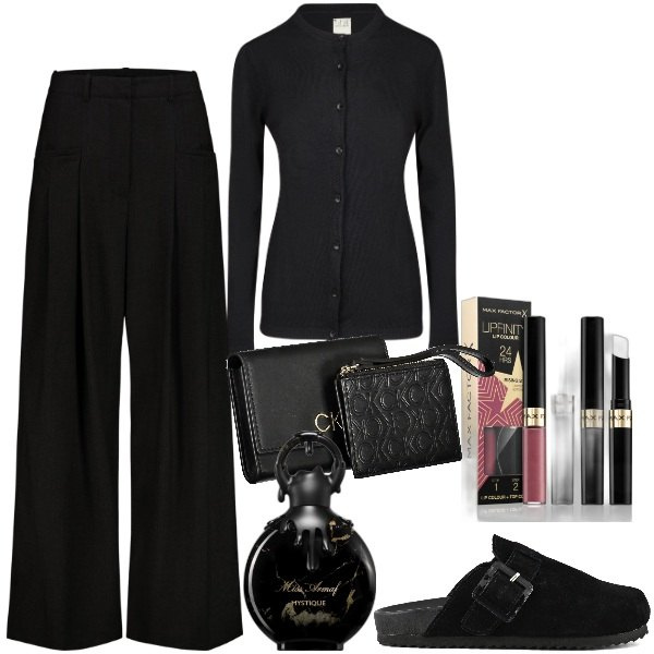 Outfit donna - Idee regalo black. Stile Basic per Tutti i giorni. Abbinamento con rossetti, profumi, sabot, pantaloni, cardigans, portafogli.
