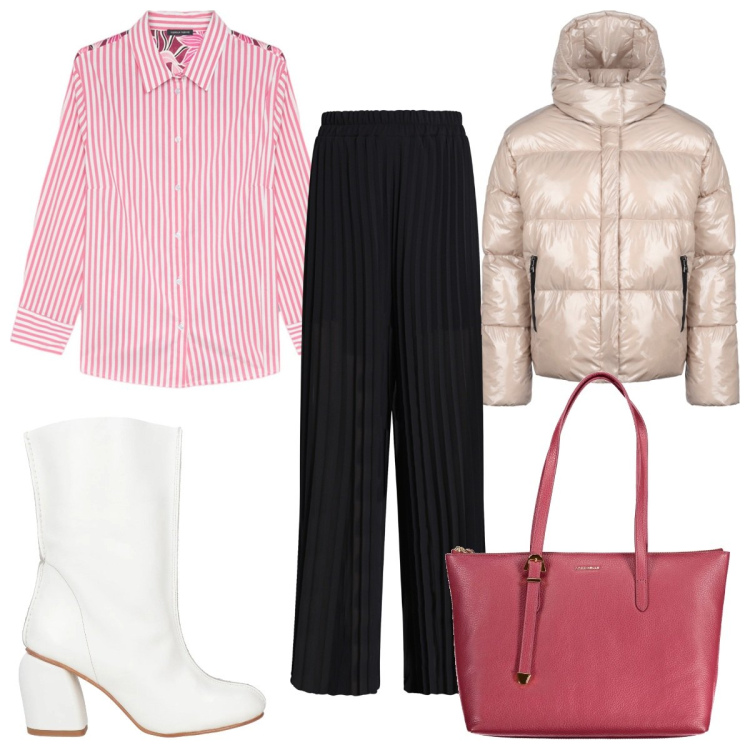 Outfit donna - Total look #2016267. Stile Trendy per Tutti i giorni. Abbinamento con stivaletti, pantaloni a palazzo, blazer, borse a spalla, camicie.