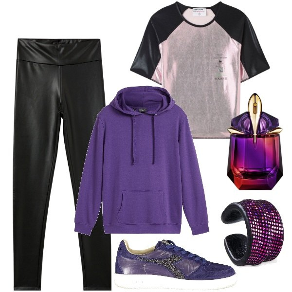 Outfit donna - Idee regalo purple. Stile Glamour per Tutti i giorni. Abbinamento con felpe con cappuccio, profumi, t-shirt, treggings, orecchini, sneakers.