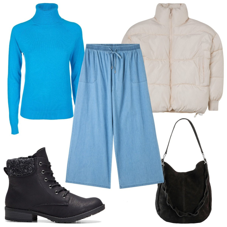 Outfit donna - Total look #2016273. Stile Trendy per Tutti i giorni. Abbinamento con stivaletti, borse a mano, pantaloni a palazzo, blazer, maglieria.
