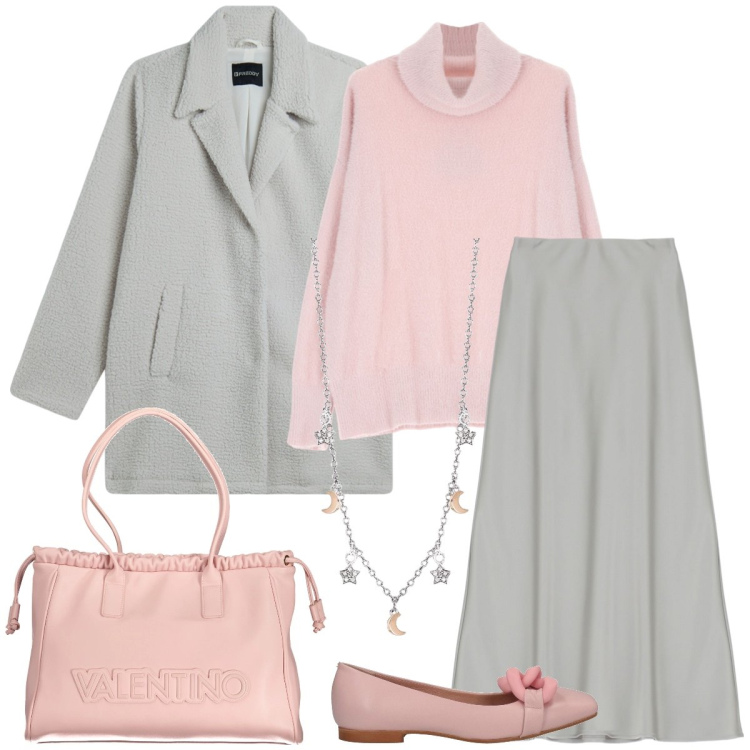 Outfit donna - Pastello. Stile Chic per Tutti i giorni. Abbinamento con ballerine, collane, maglieria, gonne lunghe, cappotti, borse a spalla.