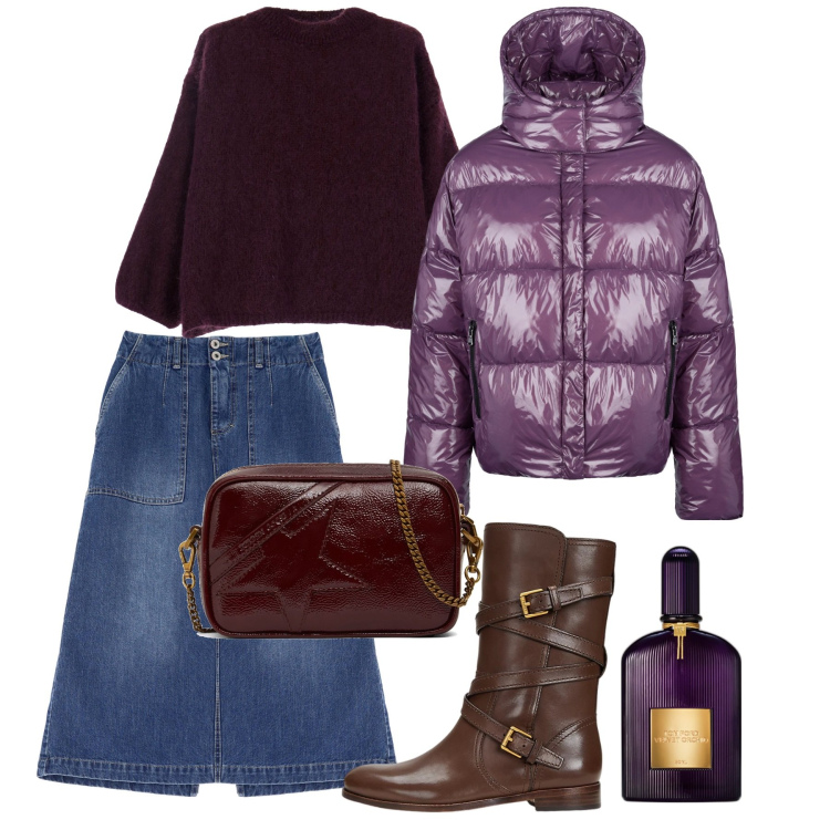 Outfit donna - Amaranto. Stile Casual chic per Tutti i giorni. Abbinamento con profumi, gonne, pullovers, blazer, stivali, borse a spalla.