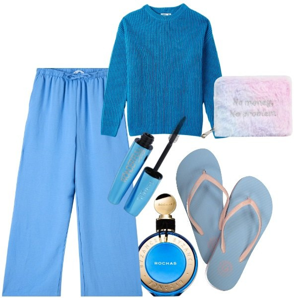Outfit donna - Idee regalo celeste. Stile Sporty chic per Tutti i giorni. Abbinamento con profumi, mascara, pantaloni, maglieria, portafogli, infradito.