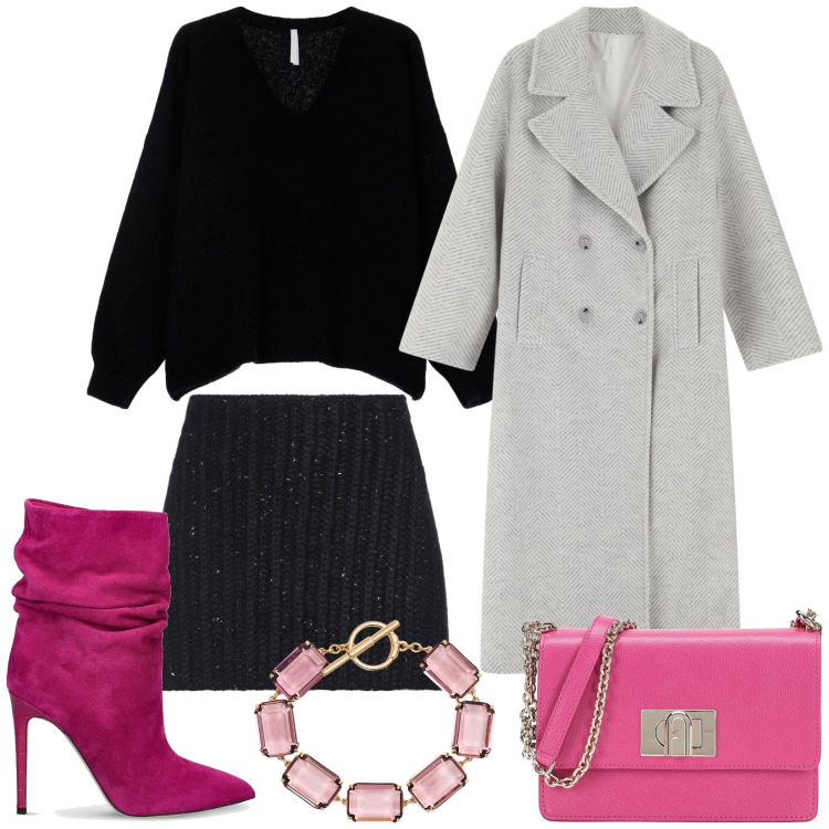 Outfit donna - Winter party. Stile Glamour per Serata fuori. Abbinamento con minigonne, borse a tracolla, cappotti, maglieria, braccialetti, stivaletti.