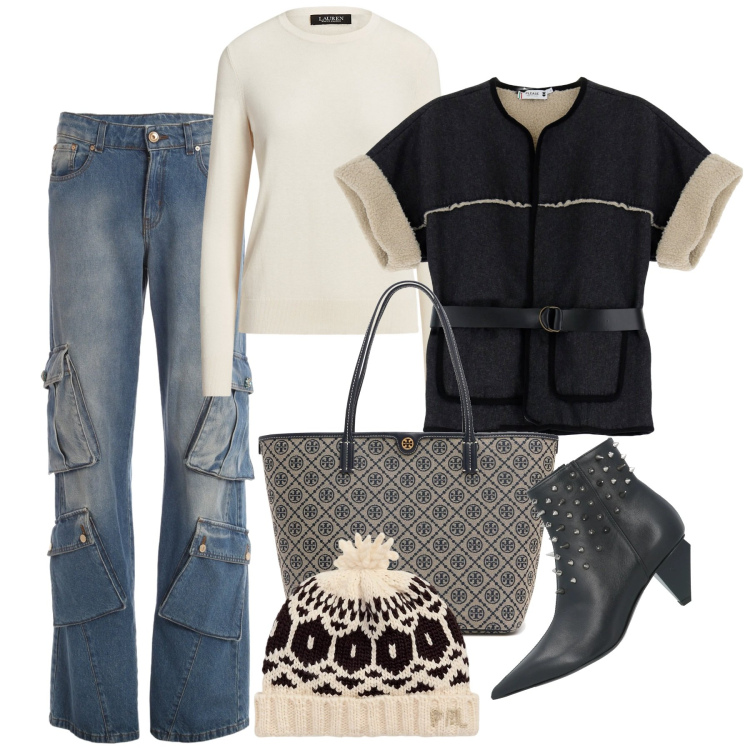 Outfit donna - Strange day. Stile Urban per Tutti i giorni. Abbinamento con stivaletti, jeans, blazer, maglieria, berretti, shopping bag.