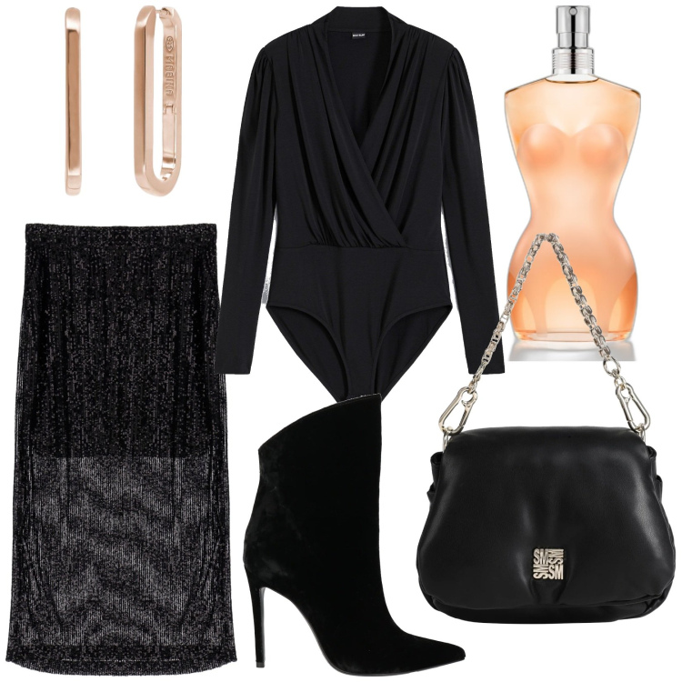 Outfit donna - Glamour da feste. Stile Glamour per Serata fuori. Abbinamento con body, stivaletti, borse a mano, profumi, orecchini, gonne lunghe.