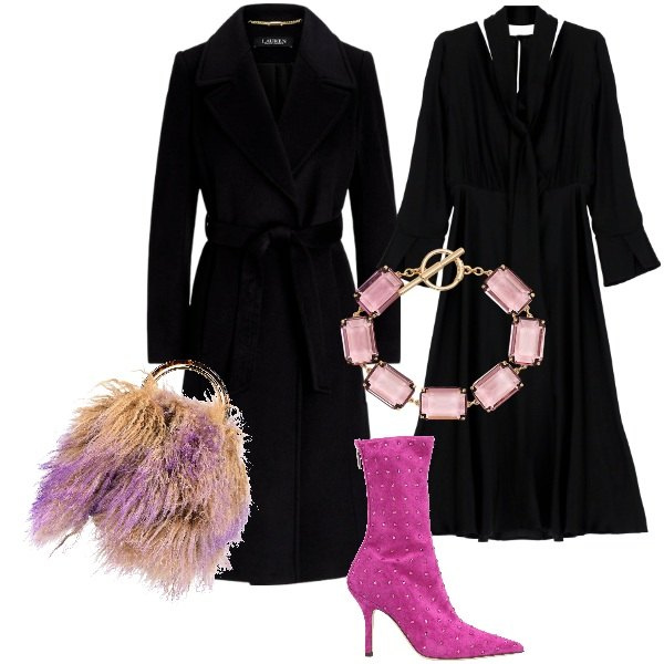 Outfit donna - Serata glam. Stile Glamour per Serata fuori. Abbinamento con stivaletti, borse a secchiello, vestiti midi/longuette, cappotti, braccialetti.