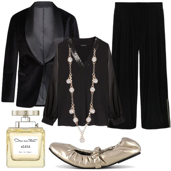 Outfit donna - Total look #2016336. Stile Chic per Serata fuori. Abbinamento con profumi, collane, blazer, pantaloni a palazzo, bluse, ballerine.