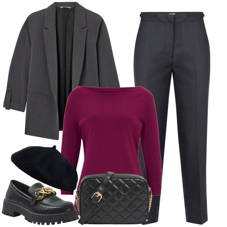 Outfit donna - In ufficio. Stile Minimal per Ufficio. Abbinamento con maglieria, blazer, mocassini, borse a tracolla, pantaloni, cappelli e berretti.