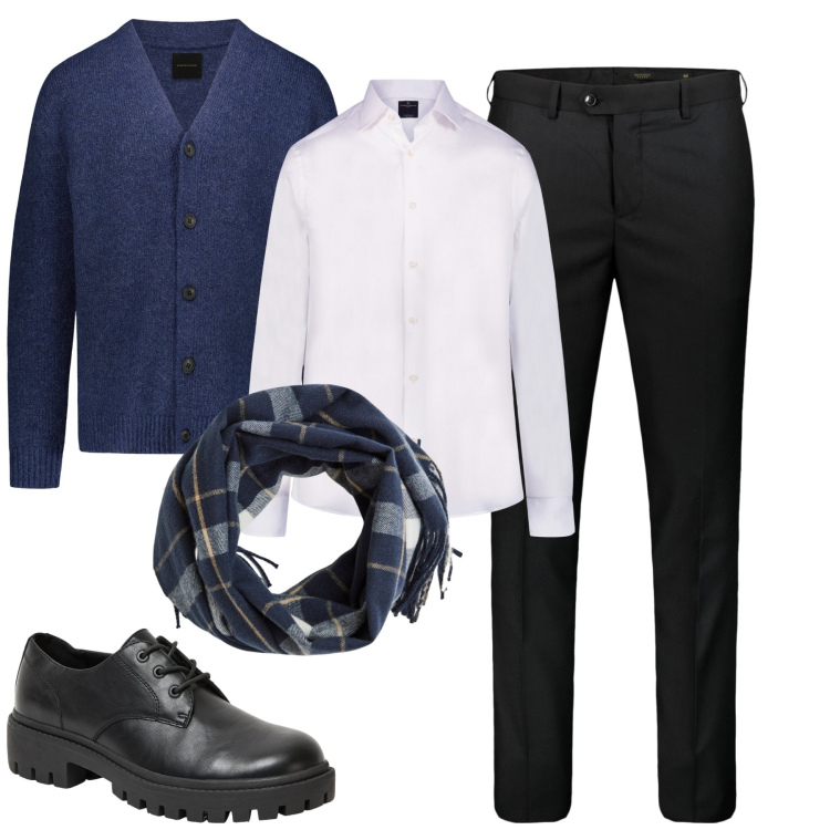 Outfit uomo - In ufficio. Stile Business/Elegante per Ufficio. Abbinamento con scarpe stringate, sciarpe, cardigans, camicie, pantaloni.