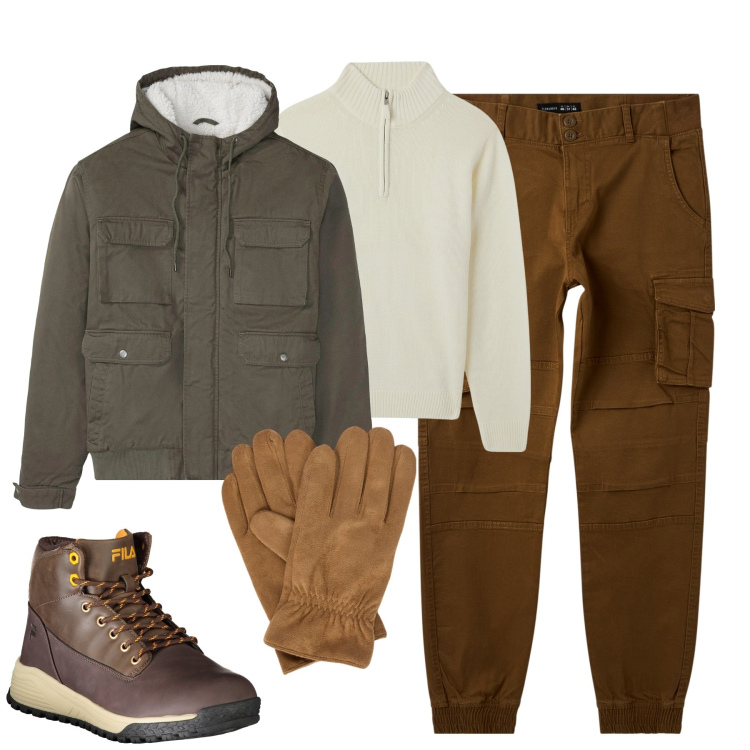Outfit uomo - All\'aperto. Stile Casual per Tutti i giorni. Abbinamento con piumini, maglieria, pantaloni cargo, guanti, stivali.