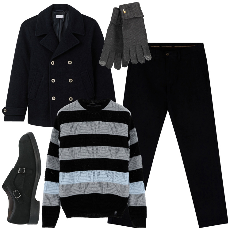 Outfit uomo - City. Stile Trendy per Tutti i giorni. Abbinamento con scarpe stringate, cappotti, maglieria, pantaloni chino, guanti.