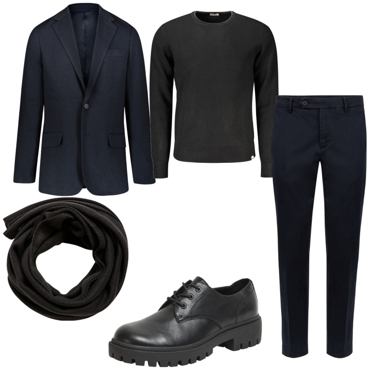 Outfit uomo - L\'eleganza del nero. Stile Business/Elegante per Serata speciale. Abbinamento con scarpe stringate, sciarpe, pantaloni chino, giacche, maglieria.