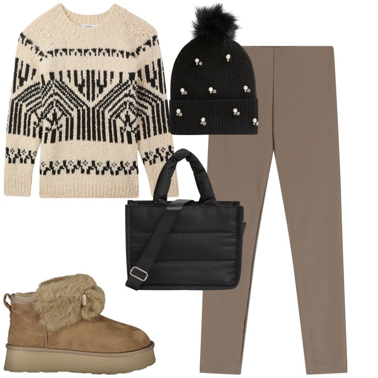 Outfit donna - Giornata all\'aperto. Stile Casual per Tutti i giorni. Abbinamento con berretti, shopping bag, maglieria, pantaloni skinny, stivali.