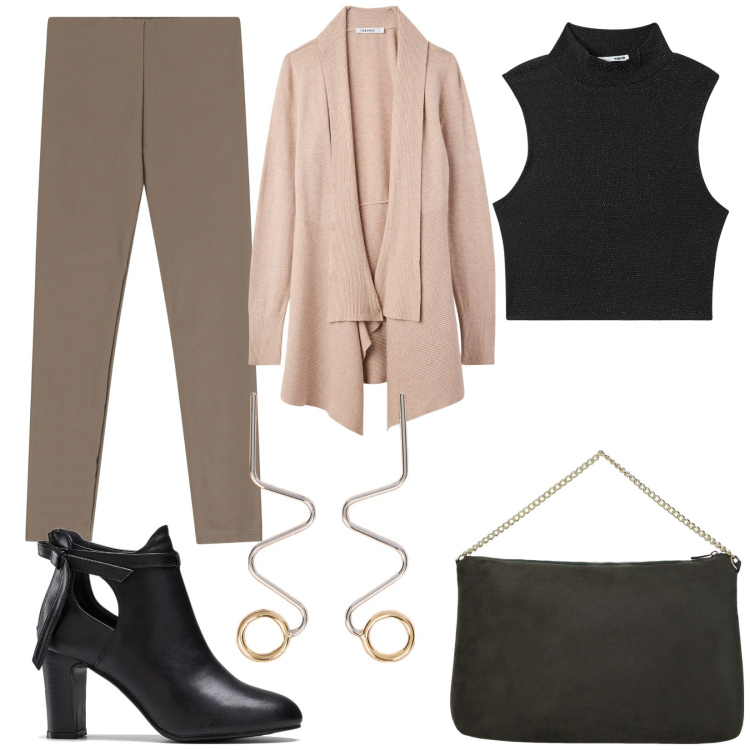 Outfit donna - Winter Wonderland. Stile Trendy per Serata fuori. Abbinamento con stivaletti, cardigans, top, pantaloni skinny, pochette, orecchini.