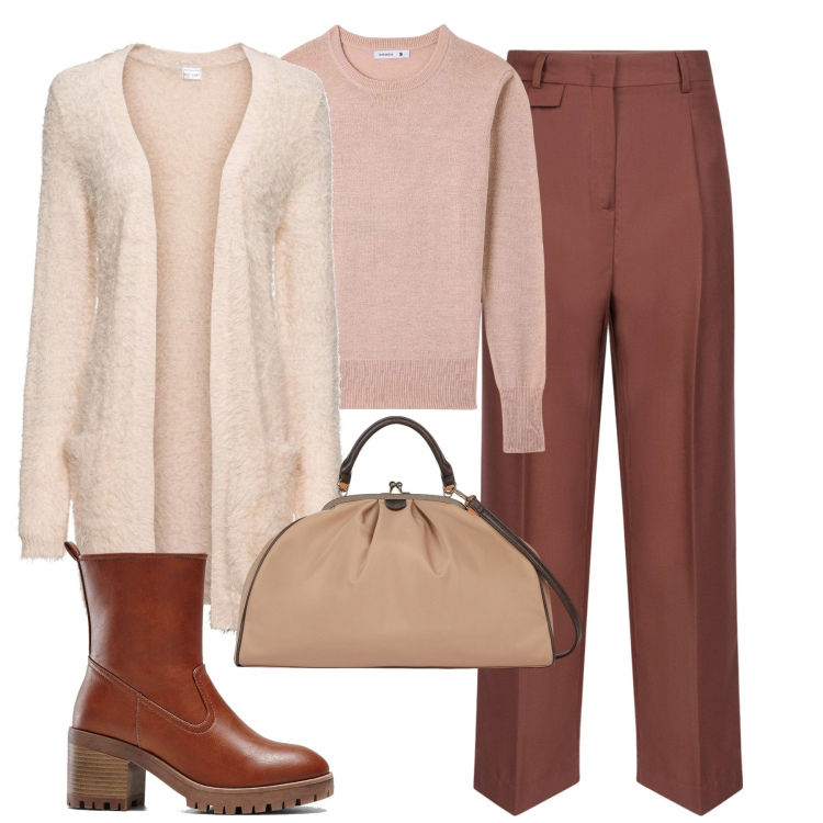 Outfit donna - City. Stile Casual chic per Tutti i giorni. Abbinamento con stivaletti, cardigans, maglieria, pantaloni, borse a spalla.