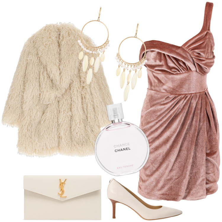 Outfit donna - Prima alla Scala in corto. Stile Glamour per Serata fuori. Abbinamento con profumi, vestiti asimmetrici, cappotti, orecchini, décolleté, pochette.