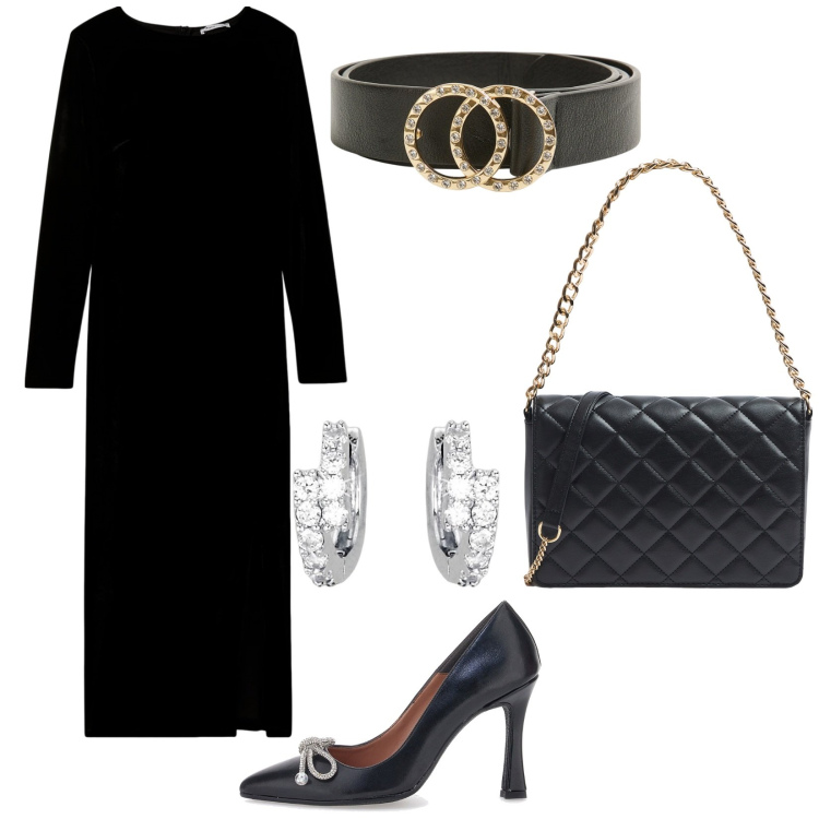 Outfit donna - Eleganza avvolgente. Stile Chic per Serata fuori. Abbinamento con vestiti lunghi, cinture, borse a tracolla, orecchini, décolleté.