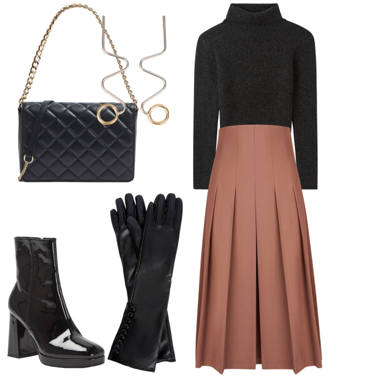 Outfit donna - La gonna doppelganger. Stile Trendy per Tutti i giorni. Abbinamento con stivaletti, maglieria, borse a tracolla, orecchini, gonne longuette, guanti.