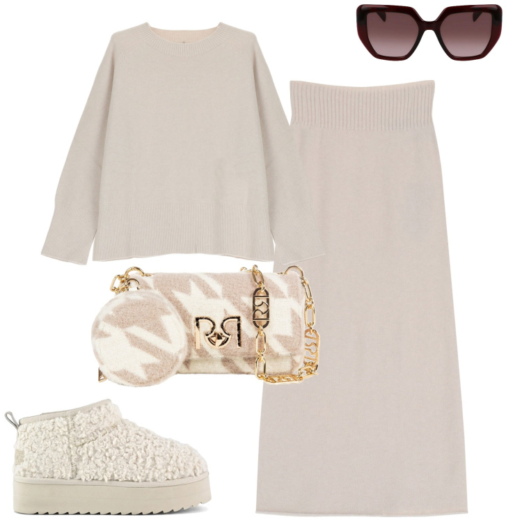 Outfit donna - Morbida e avvolgente. Stile Trendy per Tutti i giorni. Abbinamento con borse a tracolla, gonne longuette, maglieria, stivaletti, occhiali da sole.
