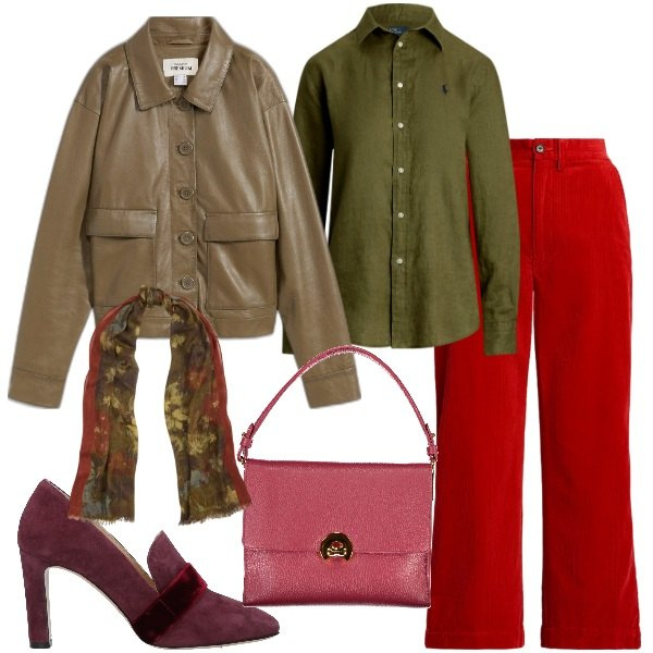 Outfit donna - Venerdì in ufficio. Stile Urban per Ufficio. Abbinamento con mocassini, bomber, camicie, pantaloni, sciarpe, borse a spalla.