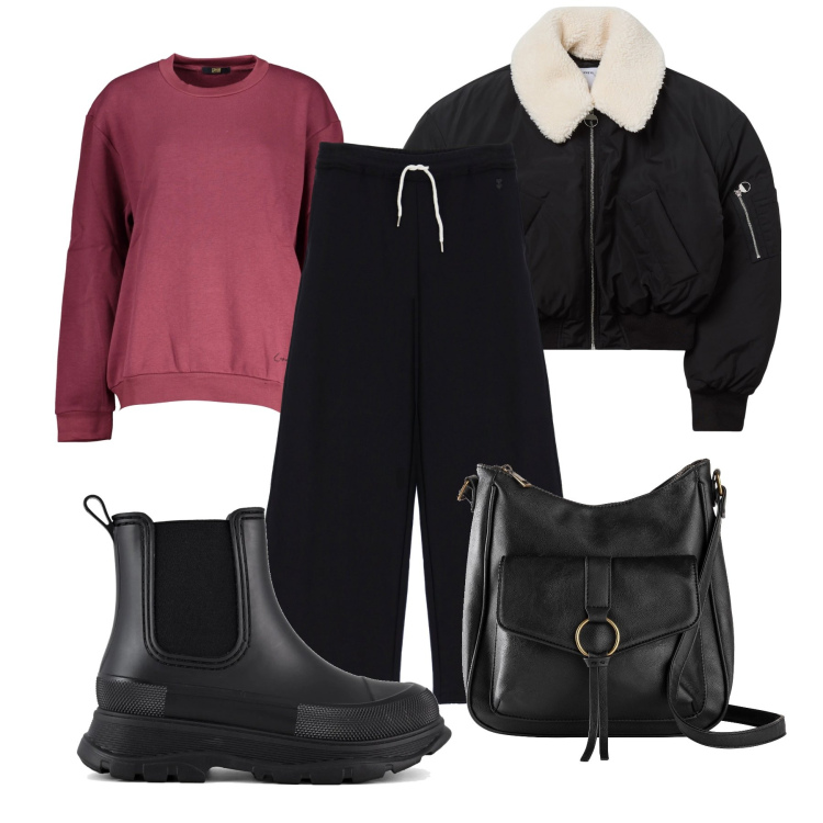 Outfit donna - Total look #2016376. Stile Mannish per Scuola/Università. Abbinamento con borse a tracolla, blazer, pantaloni a palazzo, stivali, felpe.