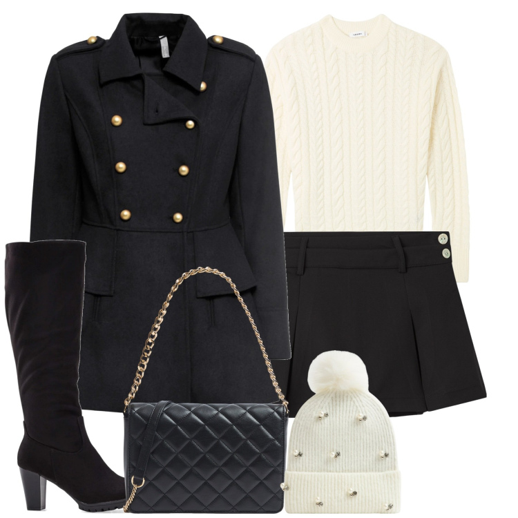 Outfit donna - City. Stile Casual chic per Tutti i giorni. Abbinamento con stivali, cappotti, minigonne, maglieria, berretti, borse a tracolla.