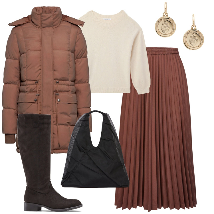 Outfit donna - City. Stile Urban per Tutti i giorni. Abbinamento con stivali, piumini, maglieria, orecchini, shopping bag, minigonne.