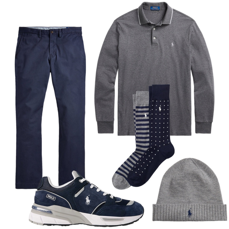Outfit uomo - Total look #2016405. Stile Trendy per Tutti i giorni. Abbinamento con pantaloni, calzini, berretti, sneakers, polo.